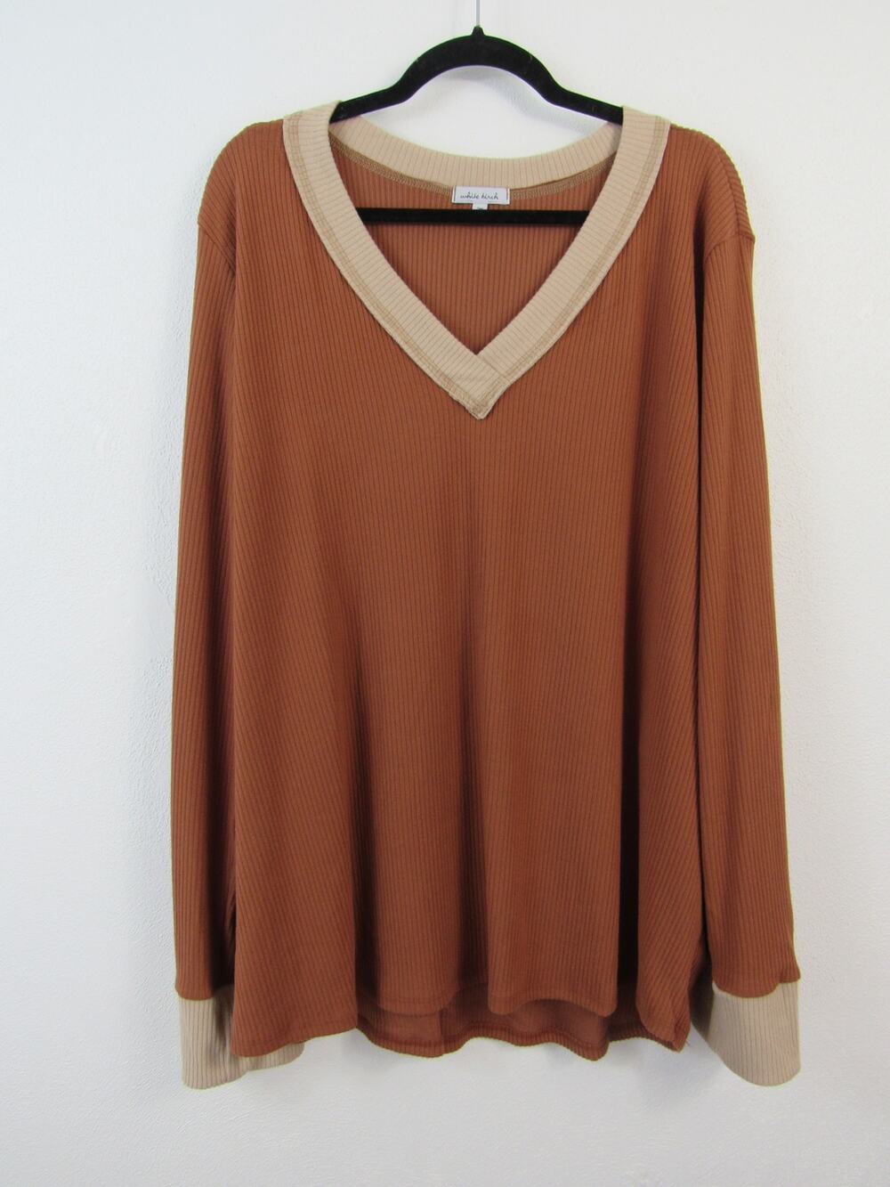 White Birch 2X Burnt Orange Ribbed Knit Long Sleeve Lightweight Sweater V-Neck